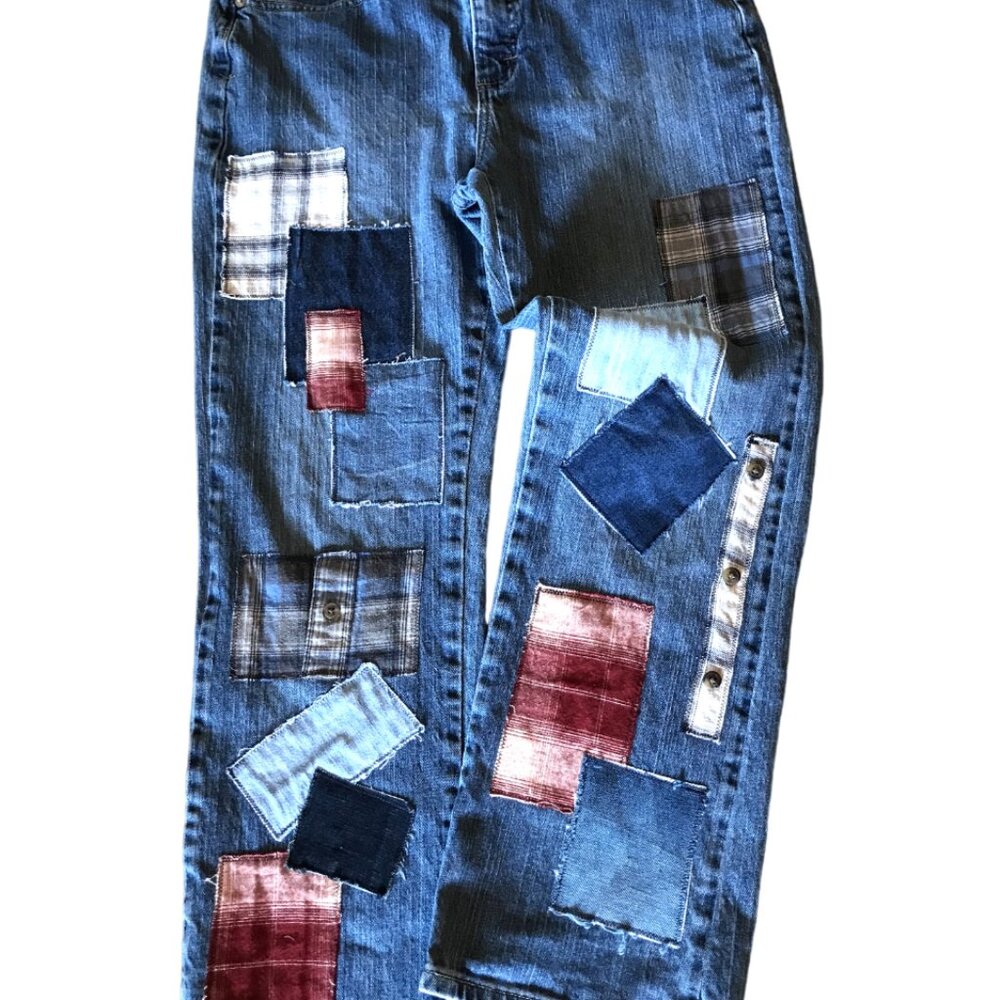Upcycled Flannel Patchwork Jeans, Distressed Denim & Plaid Patches, Size 10P - Picture 9 of 12